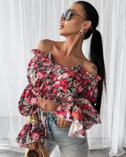 Women’s off-shoulder blouse with long sleeves and floral print