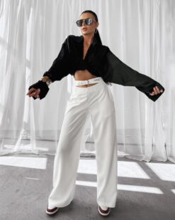 OLAVOGA Women’s Linen Trousers – High Waist, Wide Leg, Logo Belt