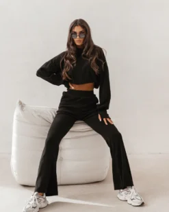 Women’s Two-Piece Structured Knit Set with Turtleneck Top and Flared Pants