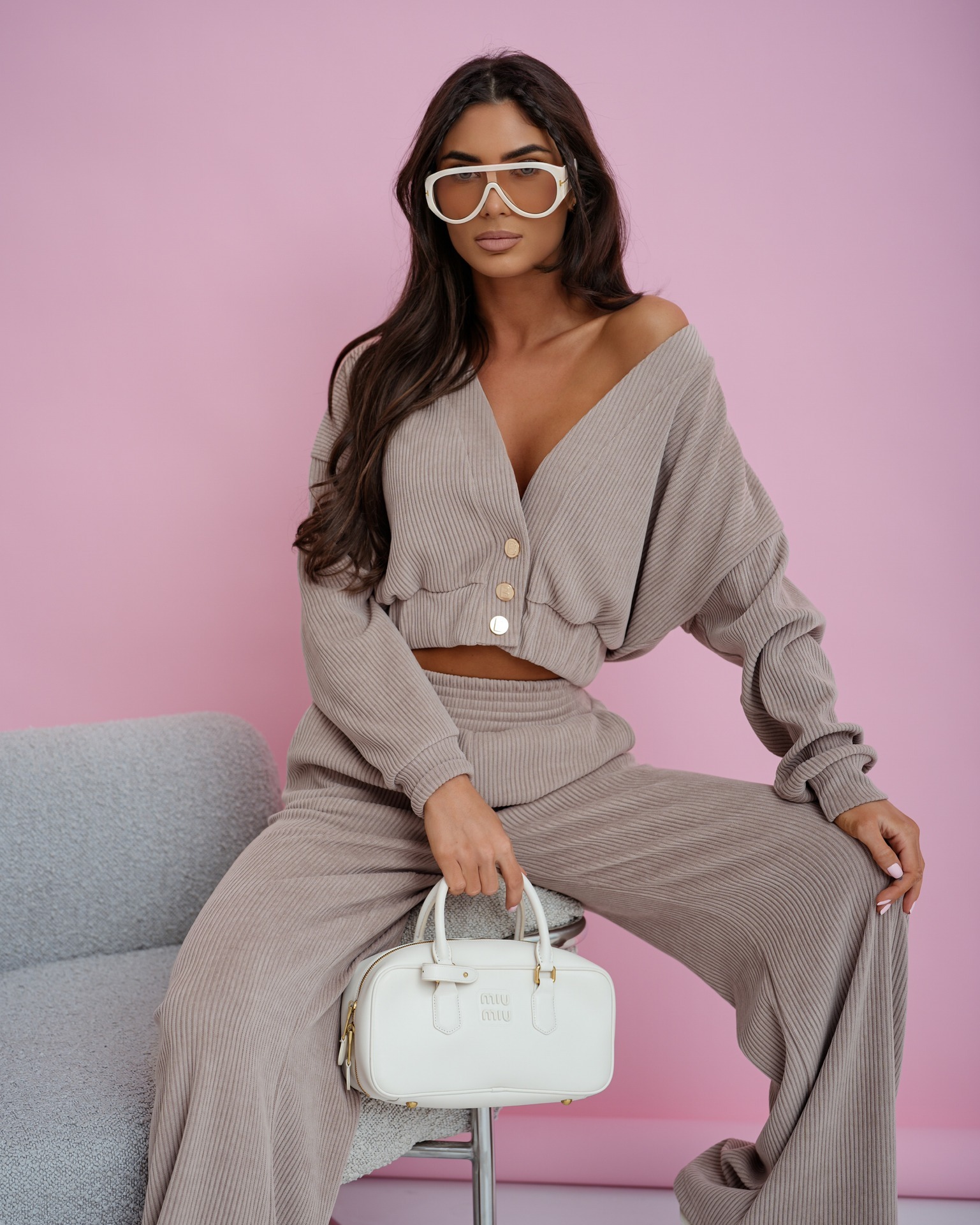 Casual co-ord set with cropped top and wide-leg trousers